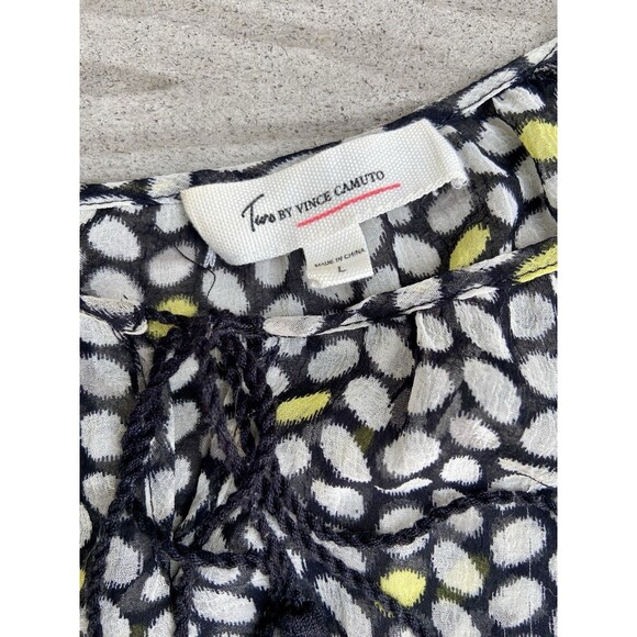 Vince Camuto Black White Yellow Shirt Size L Lace Detail And Drawstrings Tassels - Picture 4 of 16
